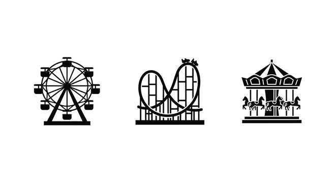 Amusement park rides including a ferris wheel roller coaster and carousel silhouette