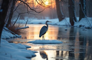 Fototapeta premium Grey heron stands on ice floe in winter. Cold frosty morning sun reflects on calm water. Snowy trees line icy river bank. Bird waits for fish.