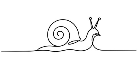 snail continuous one line drawing, A minimalist continuous line drawing of a snail with a spiral shell, crawling on a flat surface Vector, illustration, Minimalist Snail Continuous Line Art © DESIGN LINE