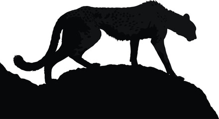 Black silhouette illustration of cheetah walking on rocky terrain, showcasing sleek body, extended tail, and dynamic posture, symbolizing wildlife, motion, and artistic design © Masuda