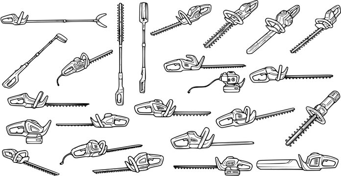 Black and White Line Art Vector Icons of Garden Power Tools - Hedge Trimmers, Chainsaws, Edgers