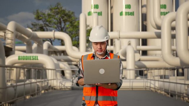 Front View of Asian Male Engineer Use Computer While Walking at Modern Biodiesel Production Facility with Industrial Piping and Storage Tanks