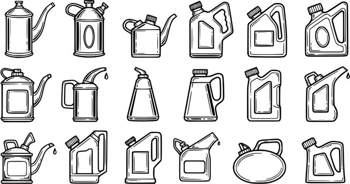 Automotive and Industrial Oil Cans  Lubricant Containers Vector Line Art Icons Set. Black and White Outline Sketch Collection for Maintenance