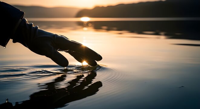 El hombre pone los dedos hacia abajo en el lago en kayak contra el tel&oacute;n de fondo de la puesta de sol dorada, la unidad, la armon&iacute;a de la naturaleza