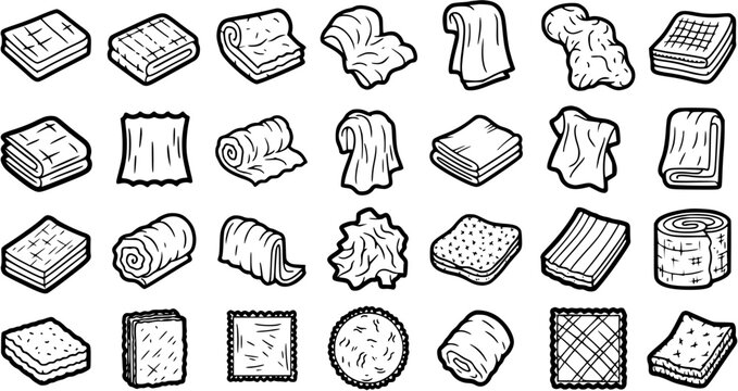 Black and White Line Art Icons of Various Folded Cloths and Towels
