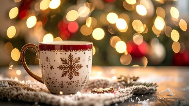 Festive ceramic mug with snowflake pattern on a cozy table against blurry golden Christmas tree lights
