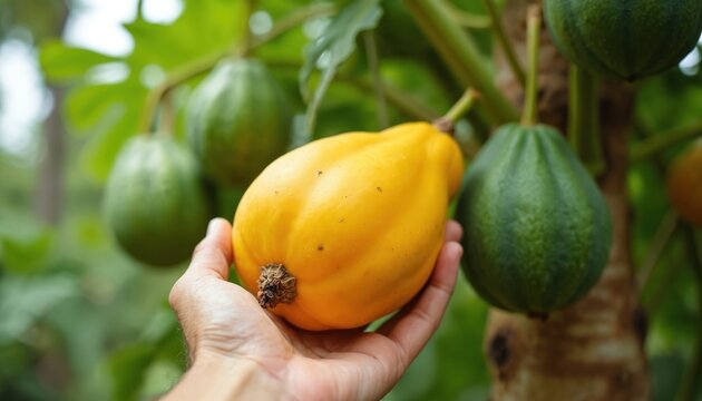 Hand holds ripe yellow papaya fruit on tree branch among green leaves. Tropical harvest of fresh organic food, vitamins. Natural farm produce, juicy exotic fruit picking. Healthy eating lifestyle,