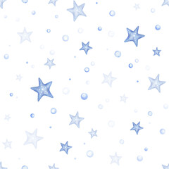 Obraz premium Blue watercolor starfish and bubble seamless pattern. Cute marine decor for underwater background. Childish sea life wallpaper, oceanic textile design for nursery room decoration.