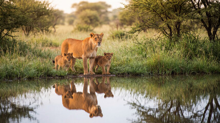 A lioness stands beside three cubs at a calm water’s edge