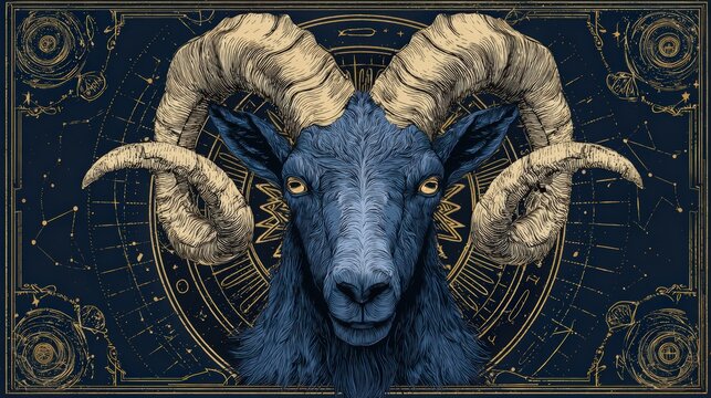 Capricorn zodiac sign illustration featuring a detailed blue ram with large, curved horns against a dark celestial background with astrological symbols and constellations