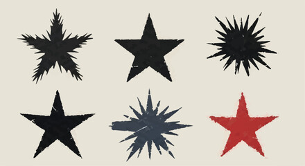 Obraz premium Set of Grunge Distressed Star Icons. Black and Red Star Shapes Vector Collection. isolated PNG with Transparent Background