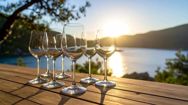 Row of empty crystal wine glasses on a rustic wooden terrace during golden hour with a scenic lake background