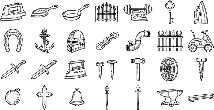 Black and White Line Art Icons: Metal Objects - Anvil, Bell, Gate, Horseshoe, Key, Armor, Sword, Iron