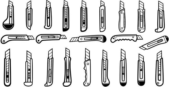 Black and White Line Art Collection of Various Utility Knife Designs and Styles