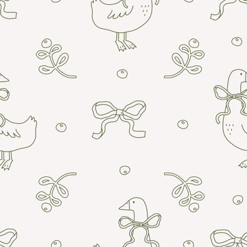 Spring seamless pattern with cute goose, bows and berries