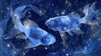 Fototapeta premium Pisces constellation illustrated with two glowing fish in a starry night sky, surrounded by celestial elements and a deep blue background creating a magical atmosphere