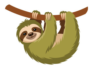 Fototapeta premium Cute cartoon sloth hanging upside down from a tree branch, smiling, isolated on a white background.