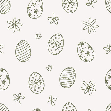 Easter Seamless Pattern with Decorated Eggs and Flowers