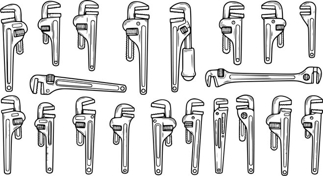 Black and White Line Art of Various Pipe Wrenches in Multiple Poses, Construction Tools