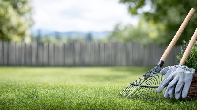 Gardening tools including a rake and gloves positioned on a well-maintained lawn, with a wooden fence and trees visible in the background under a clear blue sky