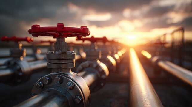Close up of industrial pipeline valves at sunset with warm light, oil and gas infrastructure with metal pipes and control wheels in energy production concept