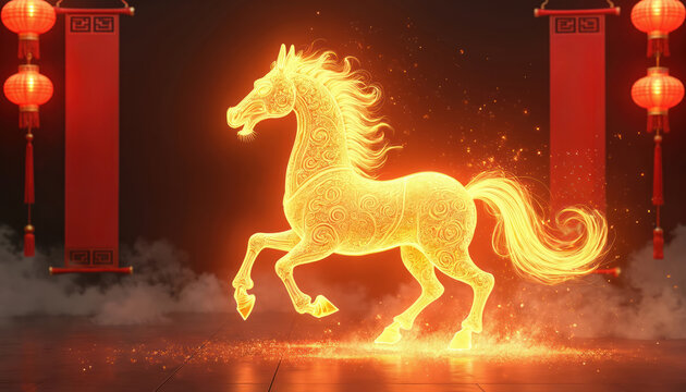 Golden horse illustration with fiery mane and tail. Red lanterns and banners hang on dark background. Festive Asian New Year theme. Dynamic and glowing art.