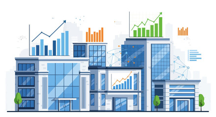 Obraz premium Modern cityscape with financial charts and graphs, business growth concept