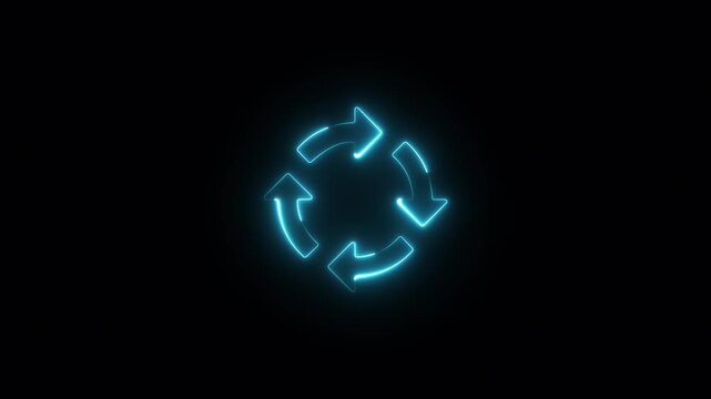 Isolated rotating neon arrow on black background, bright neon line refresh icon. Reload icon animation, refresh and recycle icon.