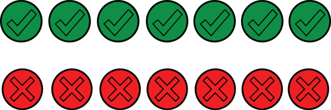 Green check mark and red cross icon set in rows, approval and rejection symbols, decision making concept, validation feedback interface design, rating or selection indicators