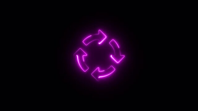 Isolated rotating neon arrow on black background, bright neon line refresh icon. Reload icon animation, refresh and recycle icon.