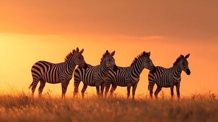 Fototapeta premium Zebras stand in line on the african savanna, backlit by a warm golden hour sunset, creating a peaceful, silhouette rich scene of wildlife and serene natural landscape