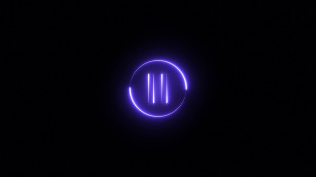 Neon pause button symbol on black background represents animation, stop, music and video control.
Neon play, pause, stop button icon