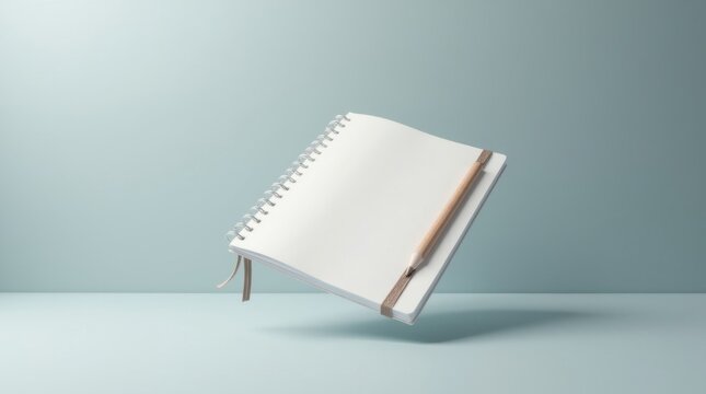 Cuaderno con p&aacute;ginas blancas n&iacute;tidas y una sutil cubierta de cuero, acompa&ntilde;ado de un l&aacute;piz que flota en el aire