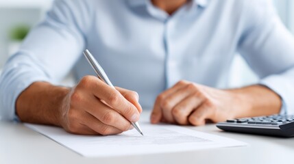 Fototapeta premium Male professional in a light blue shirt is writing on a document with a silver pen while a calculator is placed on the desk beside him in a bright office environment