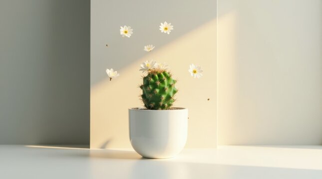 Un peque&ntilde;o cactus en maceta con vibrantes espigas verdes y flores blancas que flotan en el aire