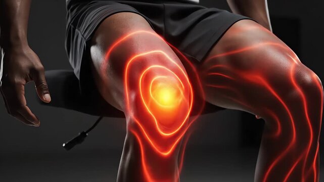 4k video of an inflamed right knee with glowing pain animation