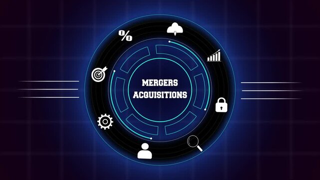 Business mergers and acquisitions concept with hud animation, featuring digital interface icons for corporate consolidation.