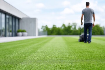 Obraz premium Man mowing a well-maintained green lawn with a lawnmower in a residential backyard, featuring a modern house and landscaped greenery in the background under a clear blue sky