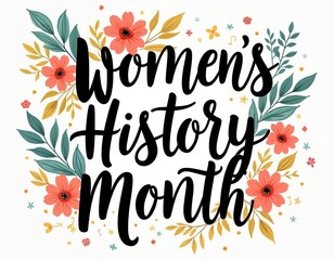 Obraz premium Decorative illustration celebrates Women History Month with elegant floral elements, bold script text. Artistic design conveys female empowerment, joy with pastel colors. Great for posters, cards.