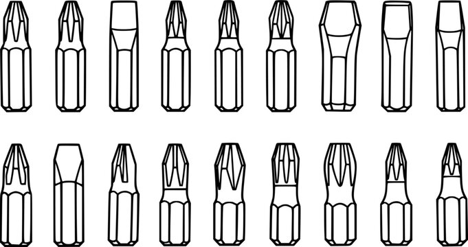 Black and White Line Art Vector Illustration of Various Screwdriver Bits for Construction, DIY, Hardware, and Industrial Tool Sets