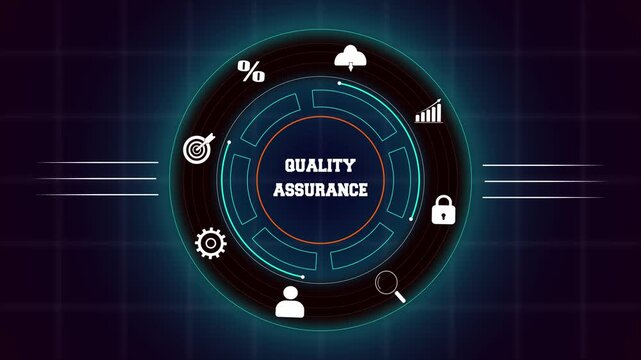 Professional quality assurance concept with hud animation, featuring digital interface icons for business product standards.