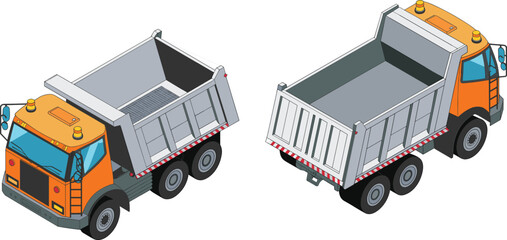Isometric Orange Dump Truck Vector Illustration Set Showing Front and Rear Views for Construction Industry Logistics Building Site Heavy Machinery and Transport Supply Chain Projects © Sohagi