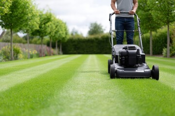 Person mowing a lush green lawn with a black lawn mower, surrounded by neatly trimmed grass and trees, showcasing a well-maintained garden landscape in a residential outdoor setting