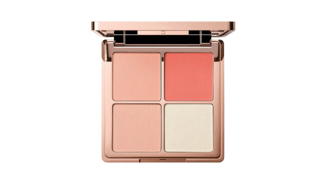 Isolated elegant open makeup palette showing various shades of blush and face powder cosmetics