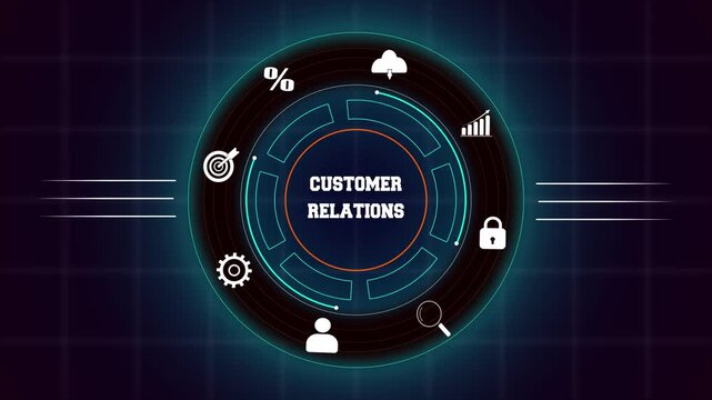 Business customer relations concept with hud animation, featuring digital interface icons for professional client support.