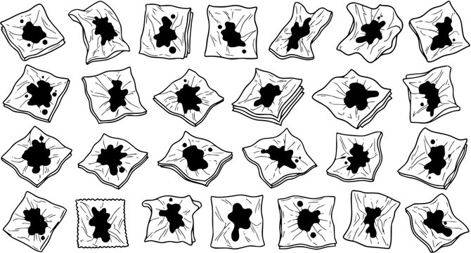 Black and White Line Art of Stained Cloth Wipes, Stock Vector Asset