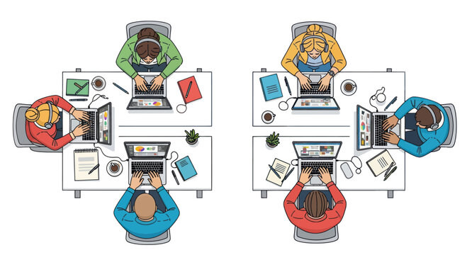 Diverse team collaborating at desks with laptops, top-down view