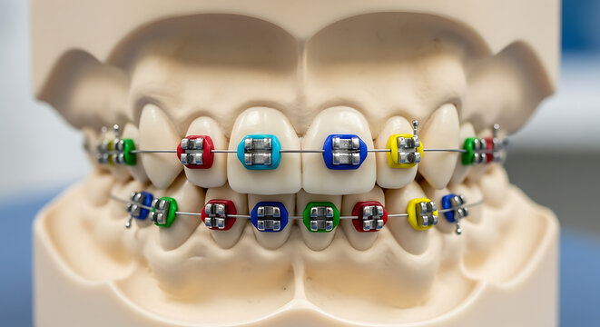 Detailed anatomical dental model of human teeth with vibrant colorful orthodontic metal braces and brackets used for correcting malocclusion and demonstrating alignment treatment.