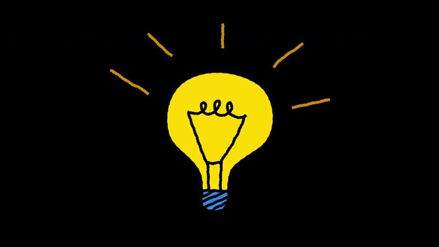 Hand-drawn light bulb idea animation with alpha channel, flickering yellow lamp for creativity and innovation on transparent background, 4K motion graphics.