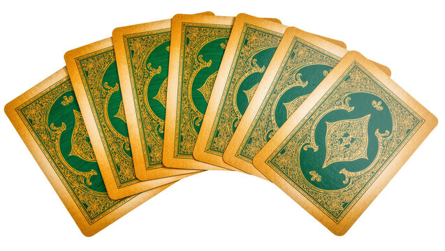Isolated vintage ornate green and gold fanned playing cards, ideal for game or spiritual themes